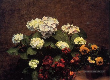  henri - Hortensias Clous de girofle et deux pots de pensées peintre de fleurs Henri Fantin Latour